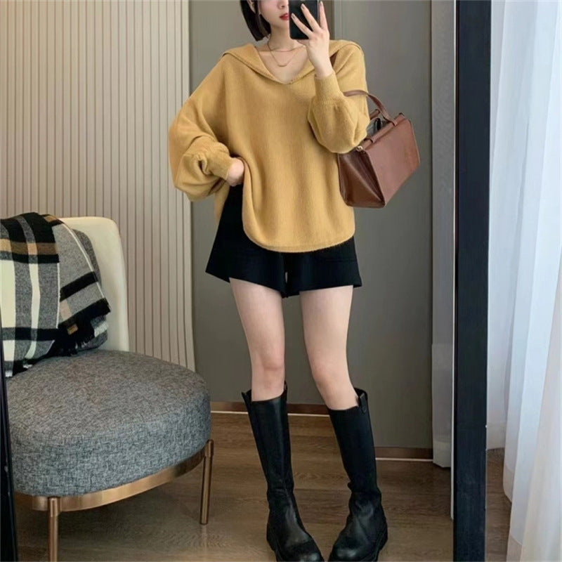 Damen Oversized Strickpullover mit lässigem V-Ausschnitt und Kapuze Drune