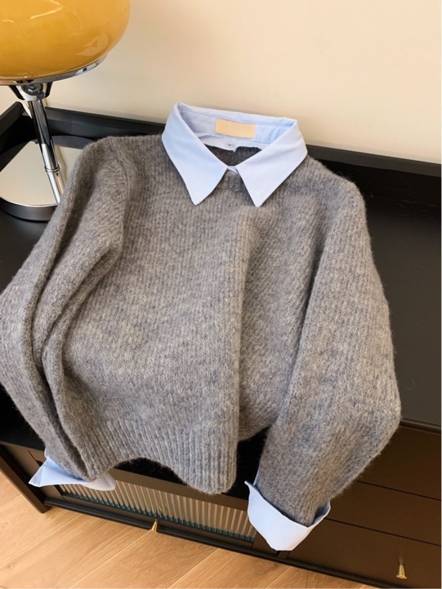 Damen stilvoller Pullover mit integrierter Hemdkragen-Kombination Drune