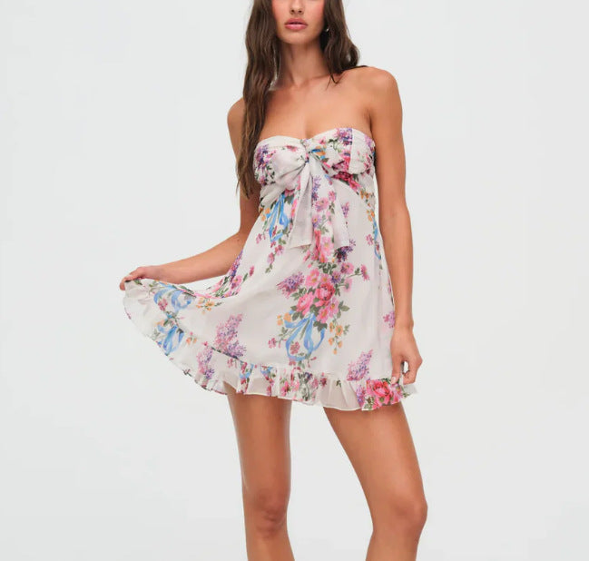Damen nan trägerloses Chiffon-Sommerkleid mit Blumenmuster Bandeau-Oberteil und Volantbesatz Drune