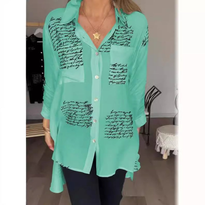 Damen Oversize Hemd Bluse aus leichtem Chiffon mit Text-Patch-Druck und aufgenähter Brusttasche Drune