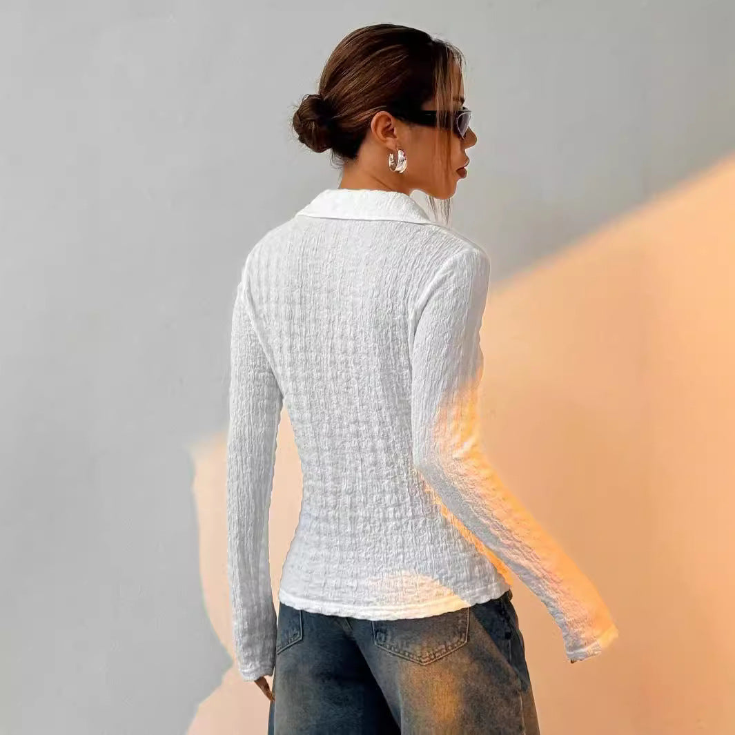 Damen nan Hemdbluse mit Kräuselstruktur, Hemdkragen und taillierter Passform Drune