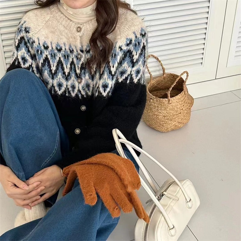 Damen Grobstrick Cardigan mit geometrischem Fair-Isle-Muster und eleganter Knopfleiste Drune