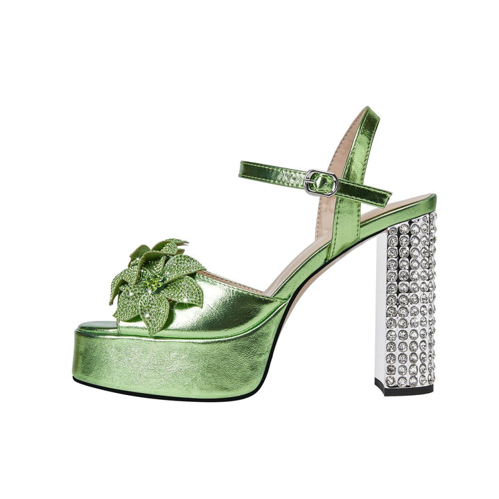 Femme Chunky Platform Sandalen mit dekorativen floralem Akzenten und rhinestone-besetztem Absatz Drune