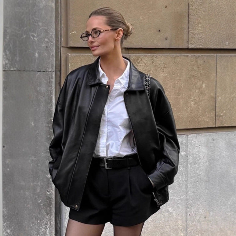Damen Oversized Kunstlederjacke mit feinen Details und modischem Reißverschluss Drune