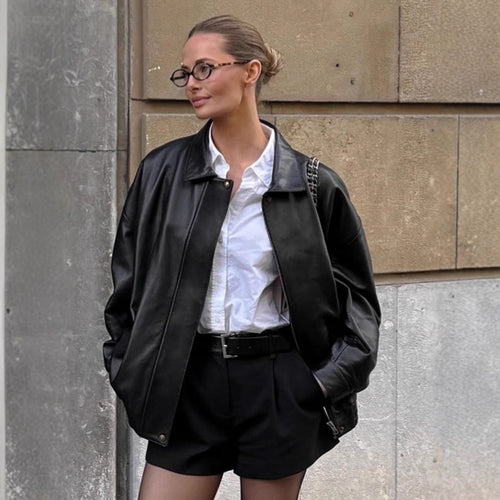Damen Oversized Kunstlederjacke mit feinen Details und modischem Reißverschluss Drune