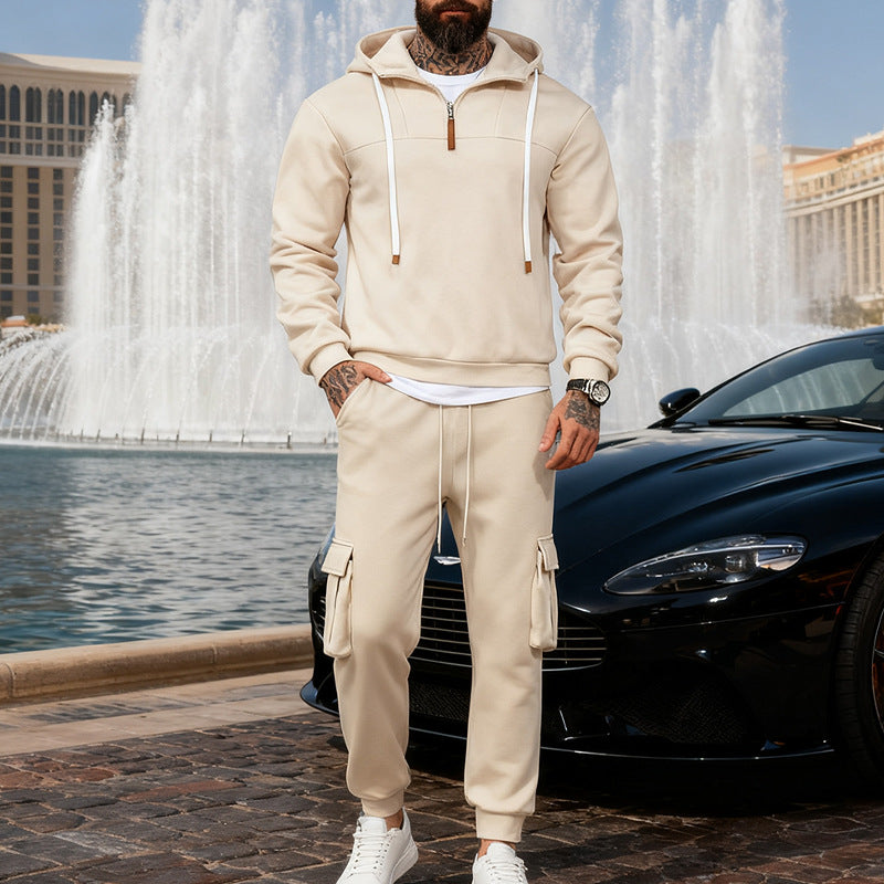 Herren nan lässiger Fleece-Jogginganzug mit halbem Reißverschluss und Cargo-Taschen Drune