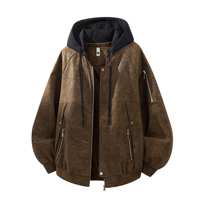 Herren Oversize-Kunstvelours-Kapuzen-Bomberjacke mit Ärmeltasche und Thermofutter Drune