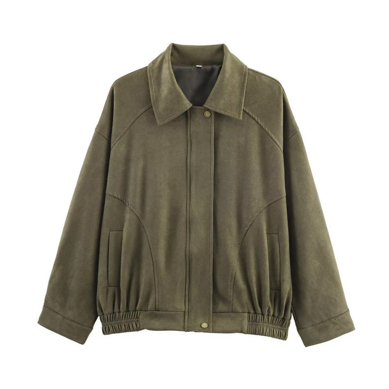 Damen Modische Kunstlederjacke mit elastischem Bund und Eingrifftaschen Drune