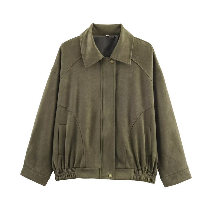 Damen Modische Kunstlederjacke mit elastischem Bund und Eingrifftaschen Drune