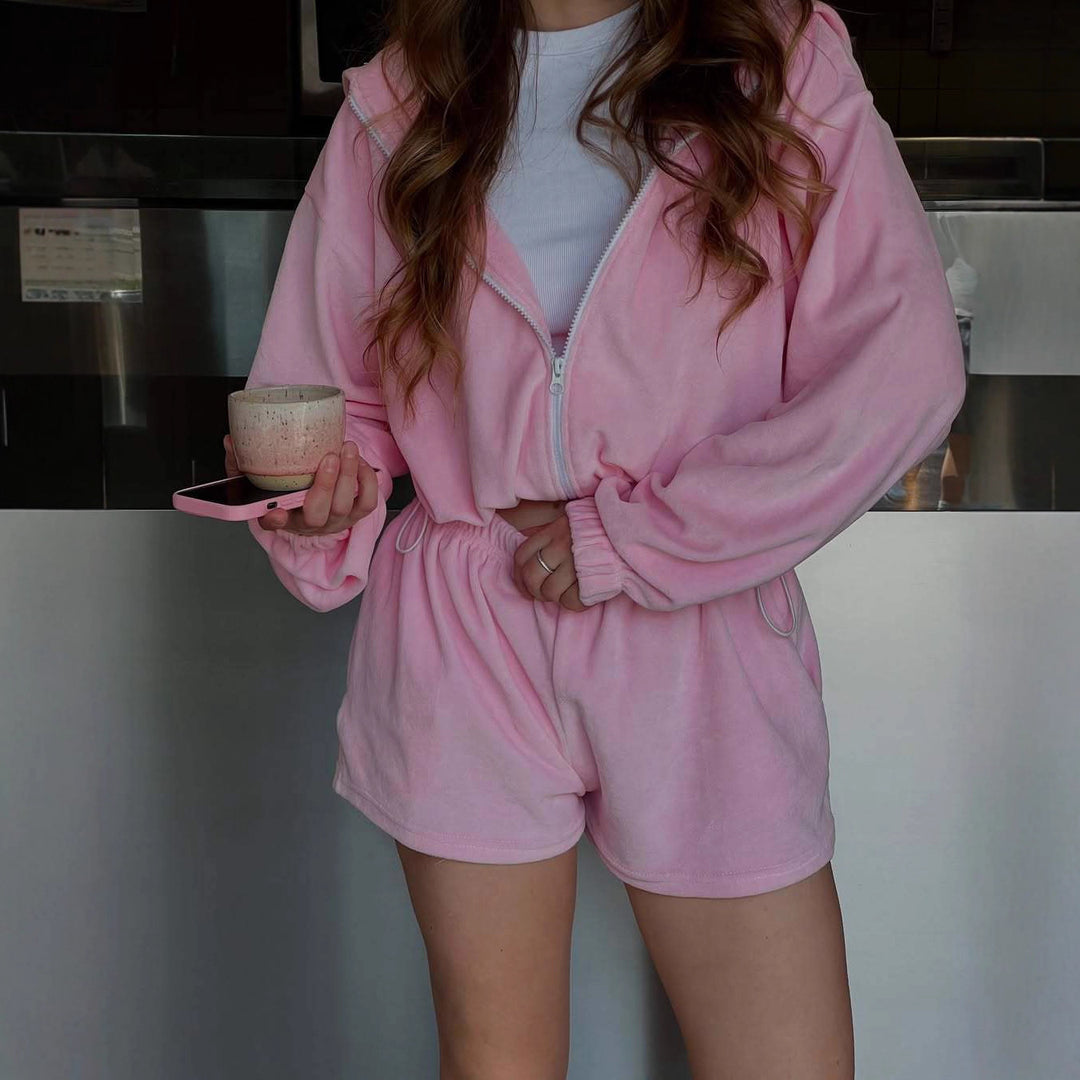 Damen Sportliches Set aus cropped Hoodie und kürzeren Hosen mit elastischem Bund Drune
