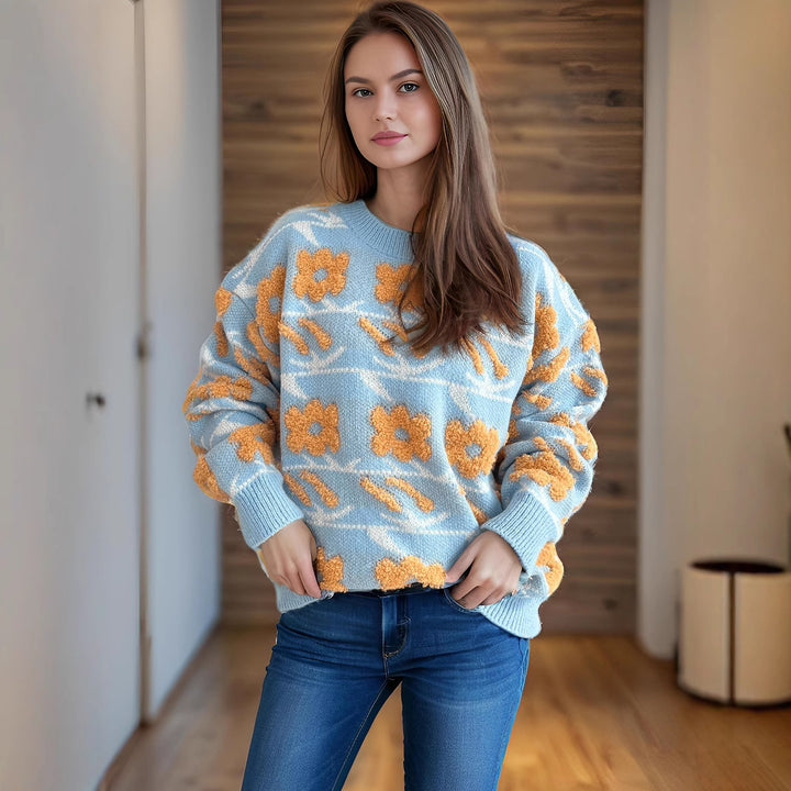 Damen kuscheliger Strickpullover mit floralen 3D-Applikationen Drune