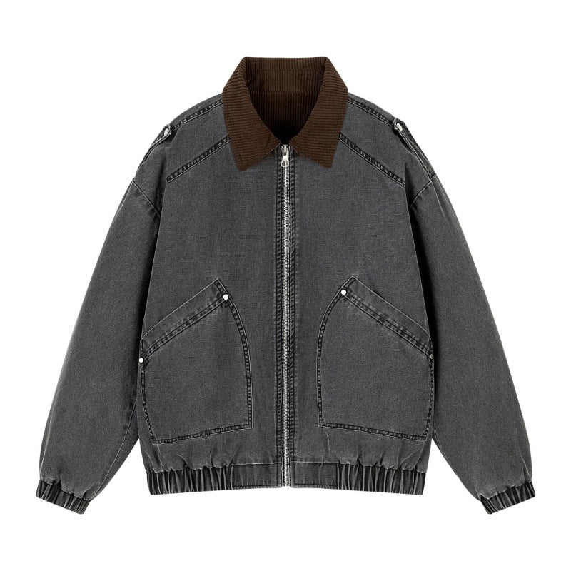 Herren Oversize-Canvas-Bomberjacke mit Cordkragen, Reißverschluss & Eingrifftaschen Drune
