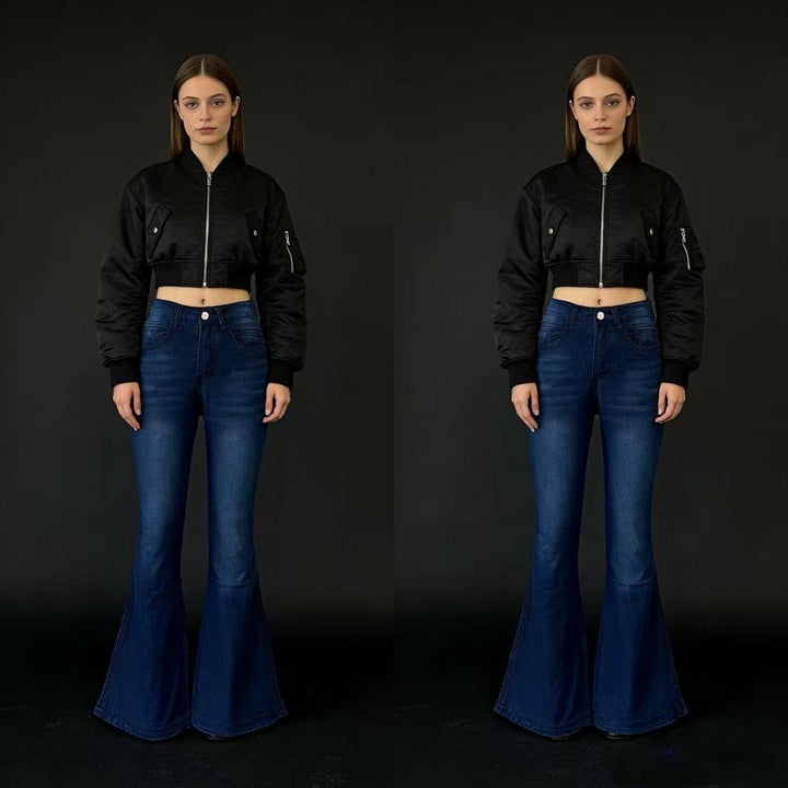 Damen nan High‑Waist Schlagjeans mit modellierender Hüftform, verstärkten Beinnähten und extra weitem Trompetenbein Drune