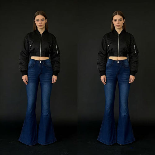 Damen nan High‑Waist Schlagjeans mit modellierender Hüftform, verstärkten Beinnähten und extra weitem Trompetenbein Drune