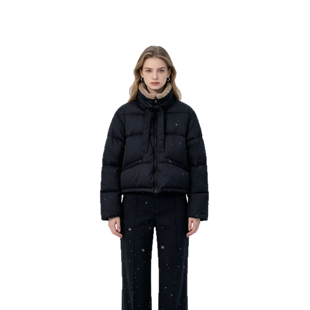 Damen nan cropped wattierte Jacke mit Sherpa-Kragen, hochschließendem Stehkragen und verdecktem Reißverschluss Drune