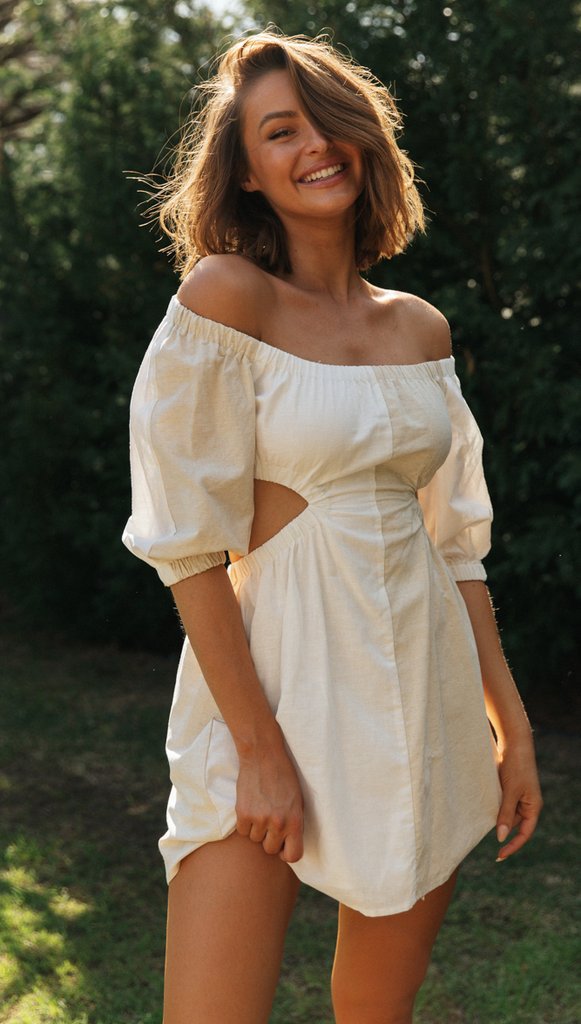 Damen Off-Shoulder Minikleid mit Cut-Outs und Puffärmeln Drune