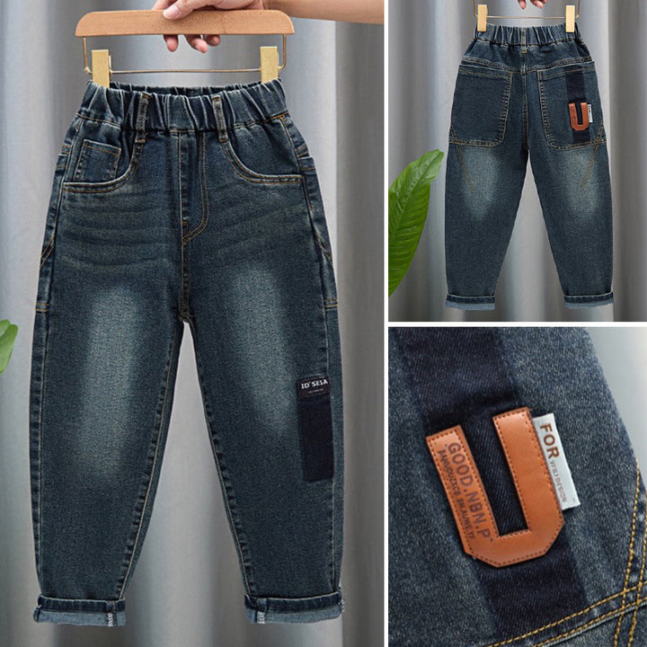 Unisex modische Denim-Hose mit elastischem Bund und großen Taschen Drune