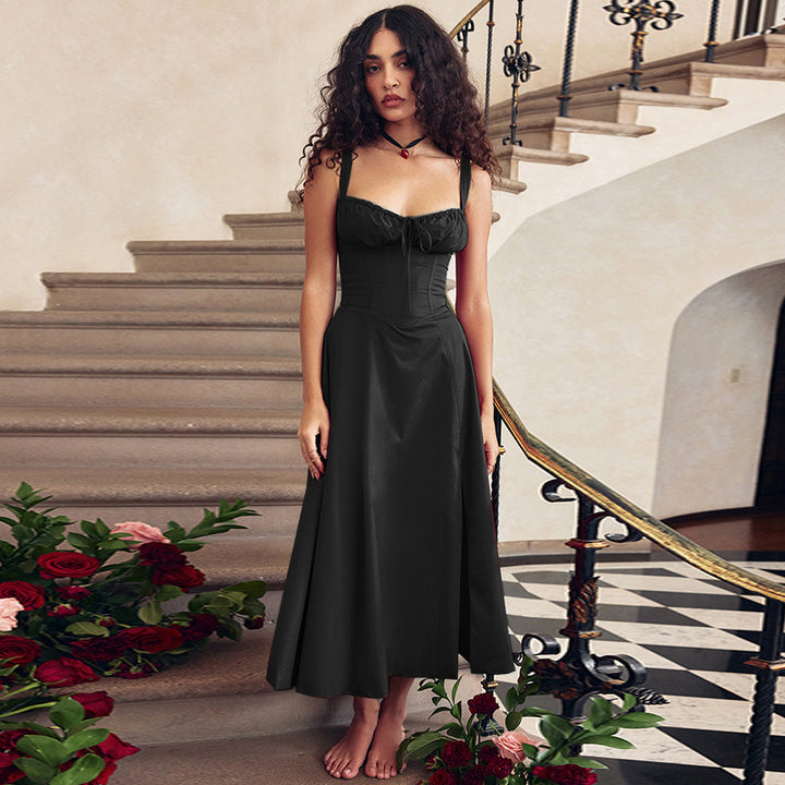 Damen Elegantes Langarm-Maxikleid mit gerafftem Oberteil und A-Linien-Silhouette Drune