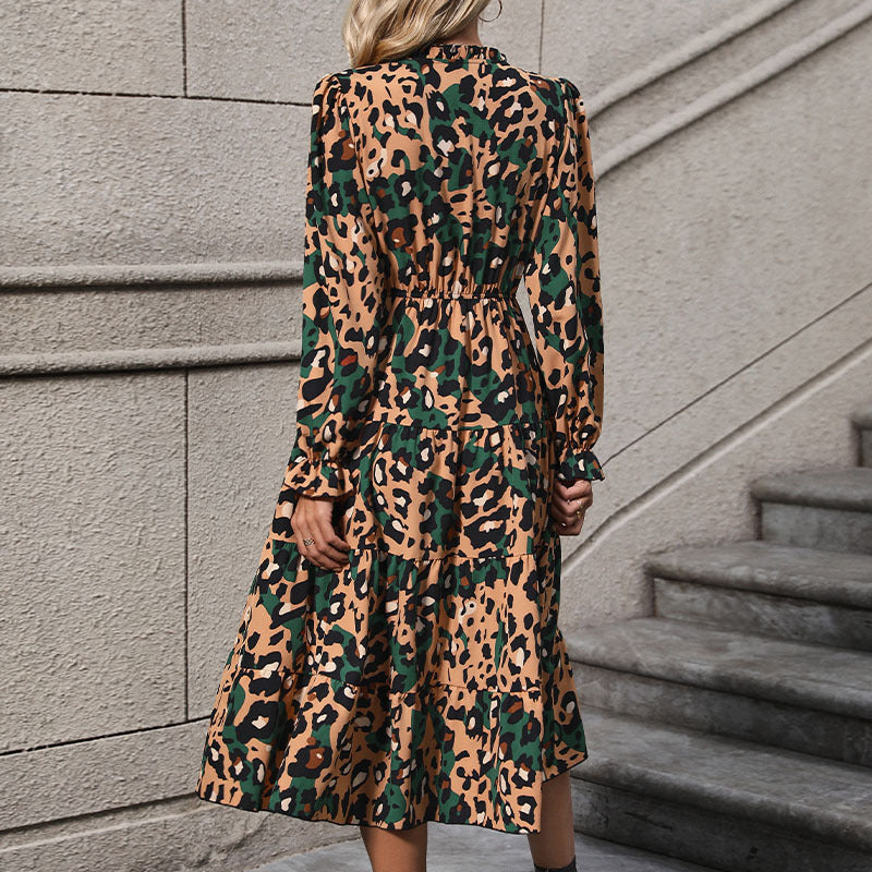 Damen Wickel-Midikleid mit Leopardenmuster, Stufenrock und elastischer Taillenpassform Drune