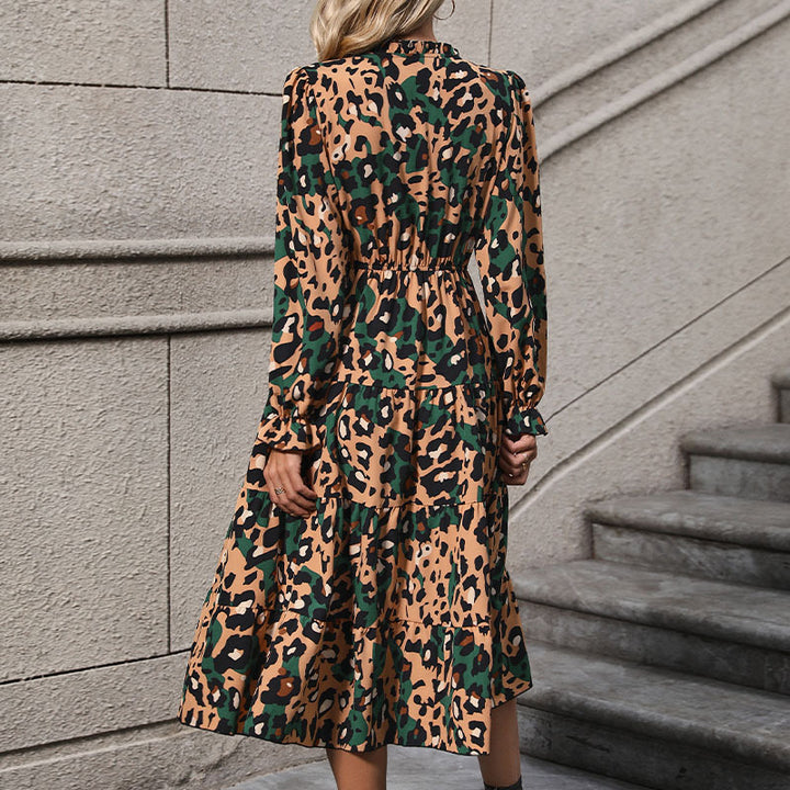 Damen Wickel-Midikleid mit Leopardenmuster, Stufenrock und elastischer Taillenpassform Drune