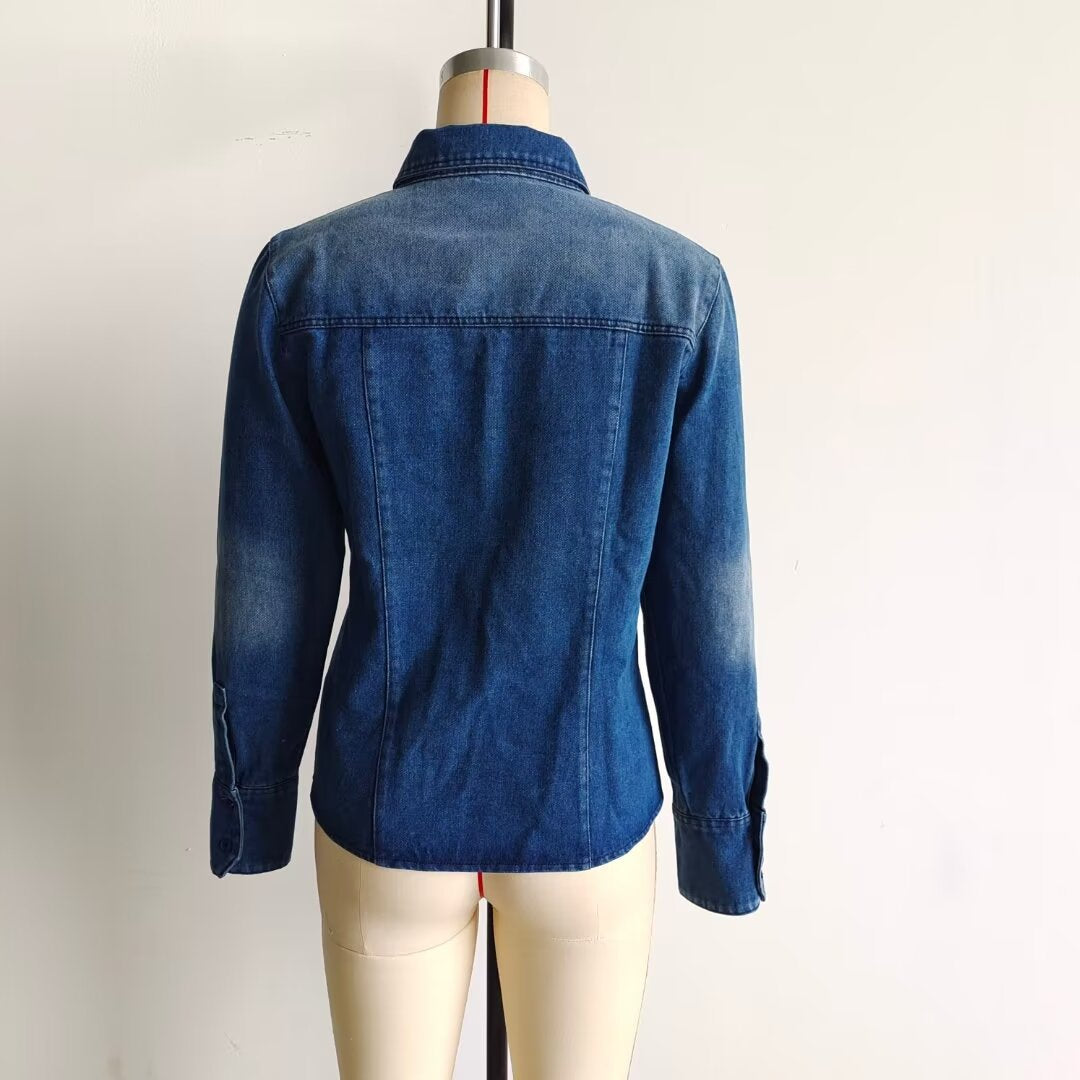 Damen nan leichte Vintage-Denim-Bluse im Relaxed-Fit mit aufgesetzter Brusttasche und durchgehender Knopfleiste Drune