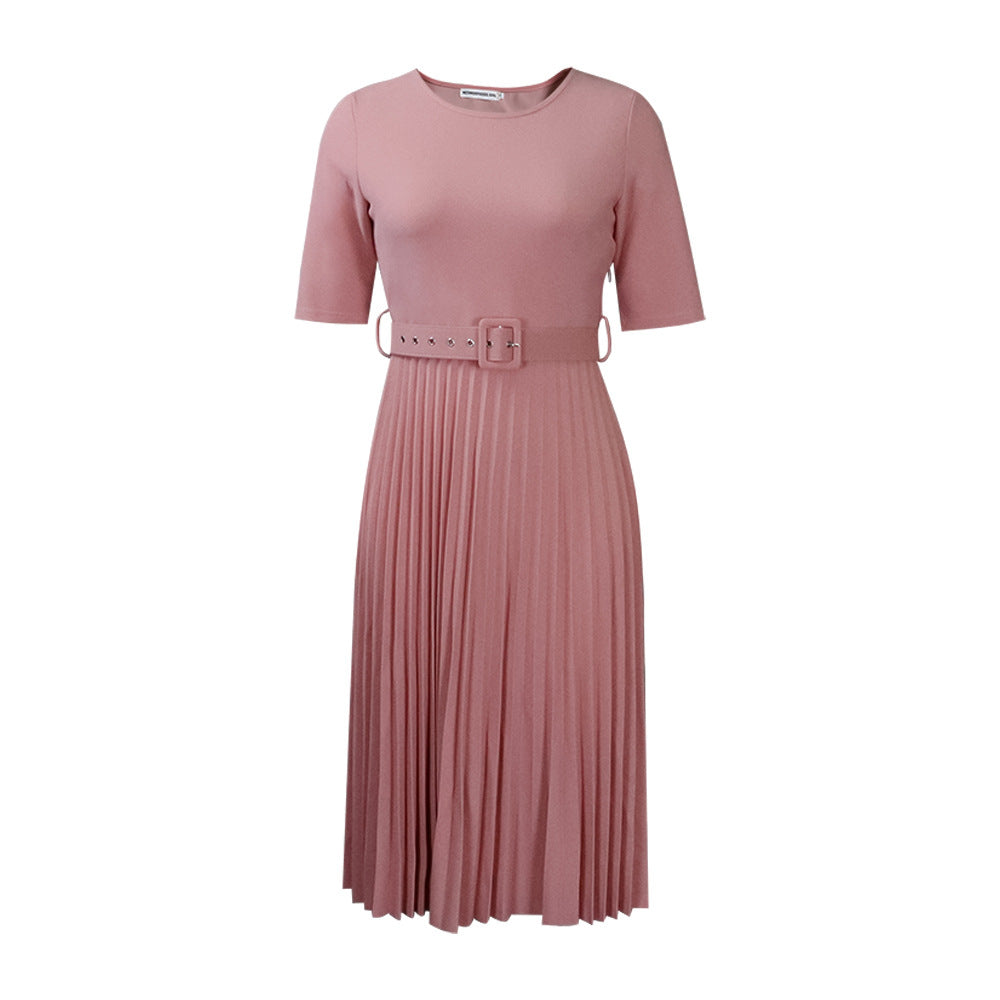 Damen Plissiertes Kleid mit Taillengürtel und kurzen Ärmeln Drune