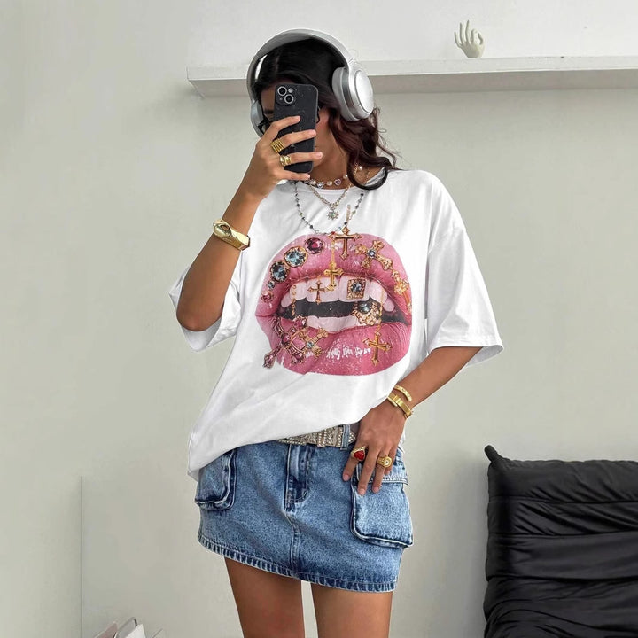 Damen Oversized T-Shirt mit kreativem Lippen- und Schmuckdesign Drune