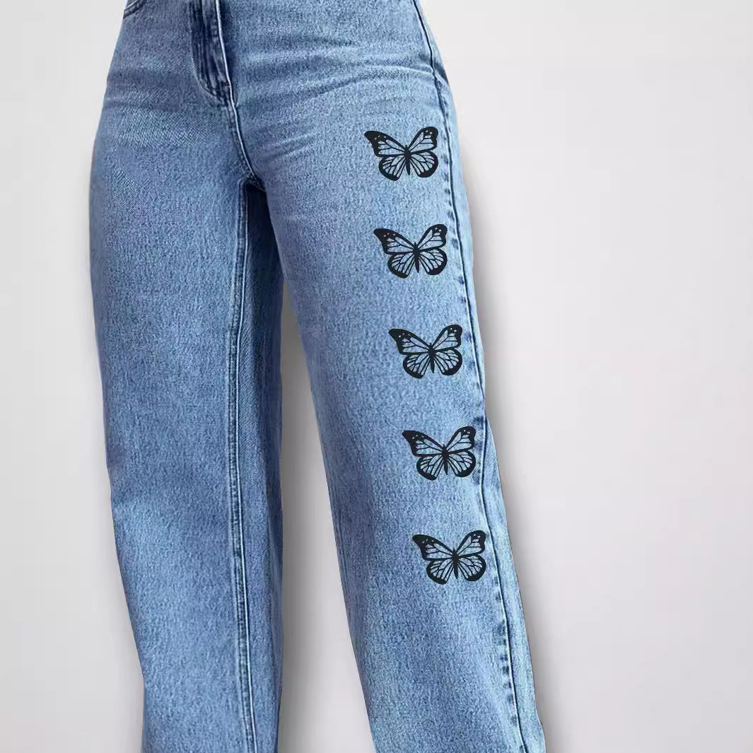 Damen High‑Waist Loose‑Fit Denimhose mit seitlichem Schmetterlingsprint Drune
