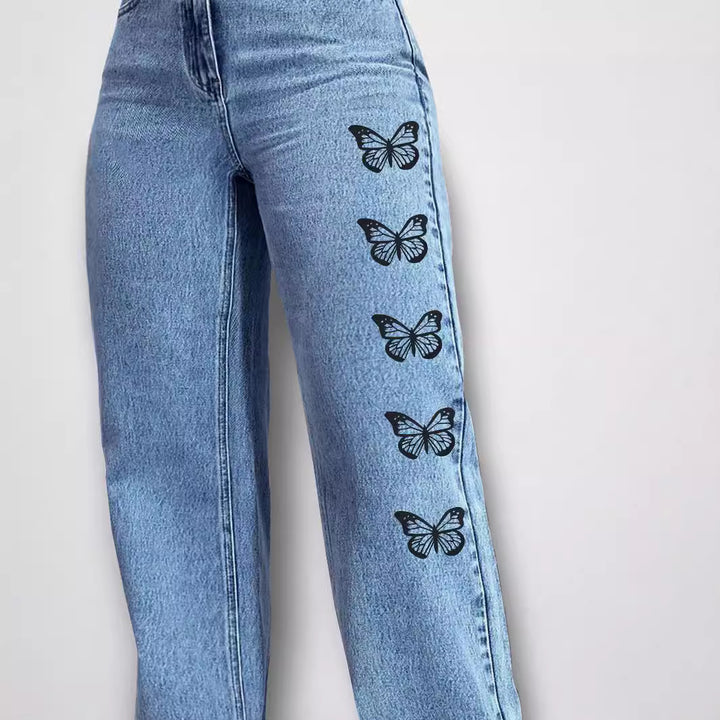 Damen High‑Waist Loose‑Fit Denimhose mit seitlichem Schmetterlingsprint Drune