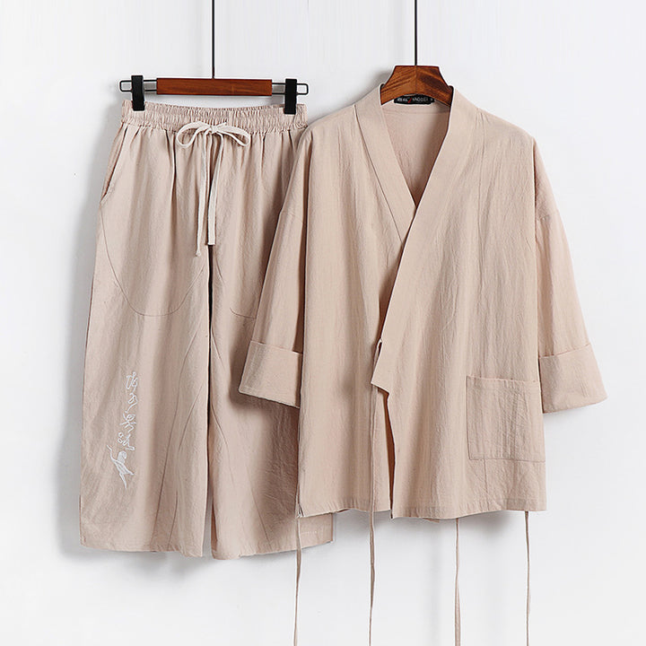 Unisex Leichtes Kimono-Loungewear-Set aus Baumwoll-Leinen mit bestickter Haremshose und Bindegürtel Drune