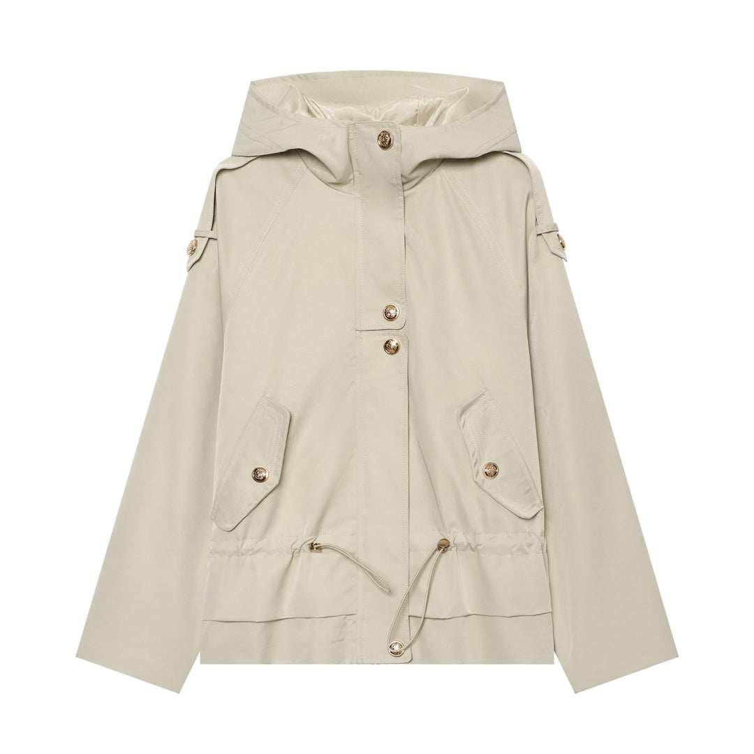 Damen leichter taillierbarer Kapuzen‑Parka mit Tunnelzug, Pattentaschen und Knopfleiste Drune