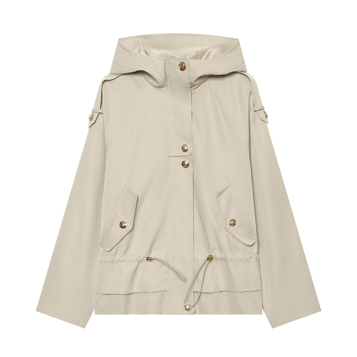 Damen leichter taillierbarer Kapuzen‑Parka mit Tunnelzug, Pattentaschen und Knopfleiste Drune