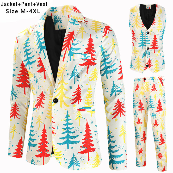 Herren Dreiteiliger Anzug mit festlichem Tannenbaum‑Print, tailliertes Sakko, Weste & Hose Drune
