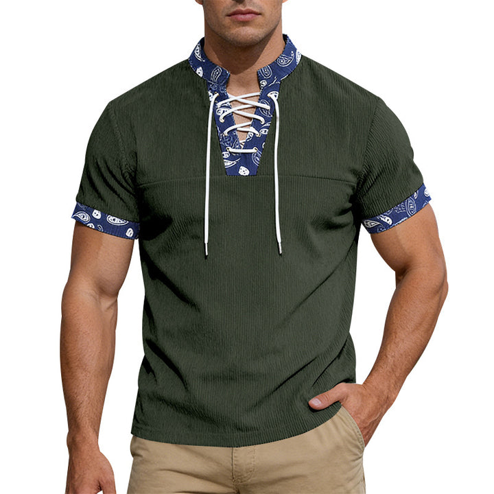 Herren nan Kurzarm-Schnürshirt mit Bandana-Besatz und strukturierter Jerseyqualität Drune