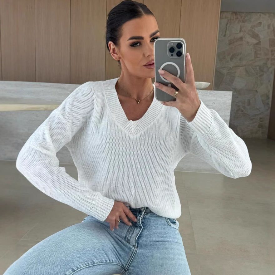 Damen Strickpullover mit tiefem V-Ausschnitt und legerem Schnitt Drune