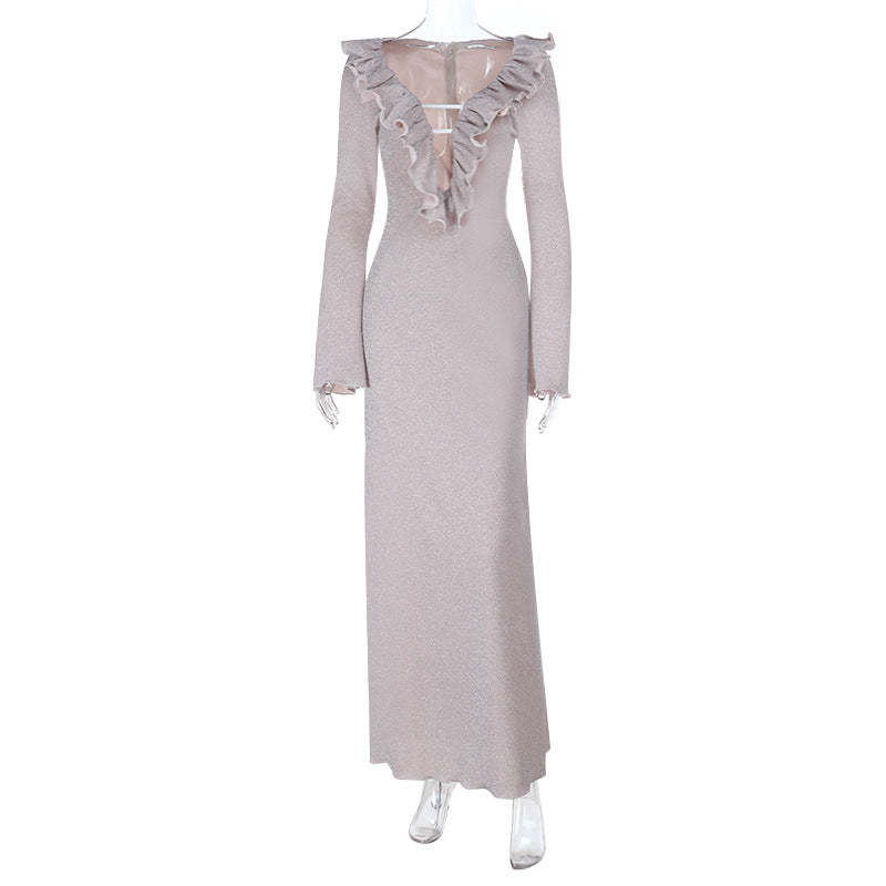 Damen elegantes Maxikleid mit Rüschendetail und transparentem Einsatz Drune