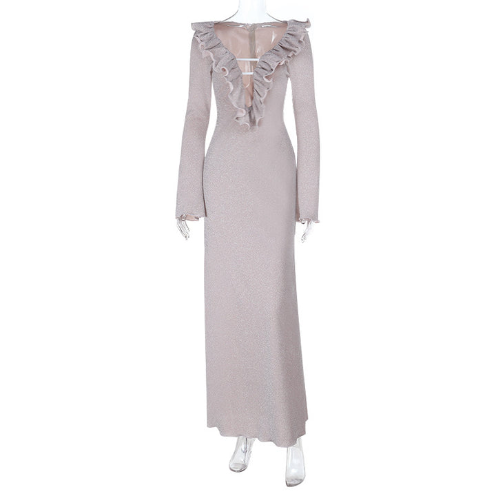 Damen elegantes Maxikleid mit Rüschendetail und transparentem Einsatz Drune