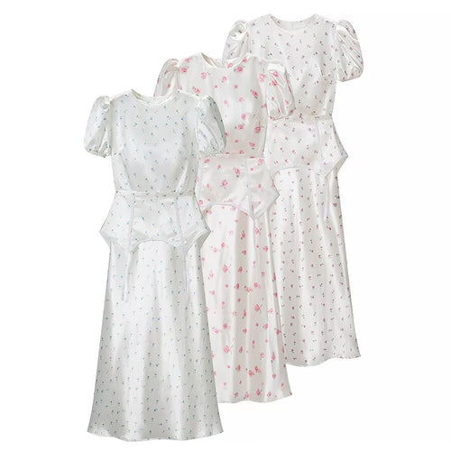 Damen Midikleid aus Satin mit Puffärmeln, integrierter Korsagen-Peplum und zartem Blumenprint Drune