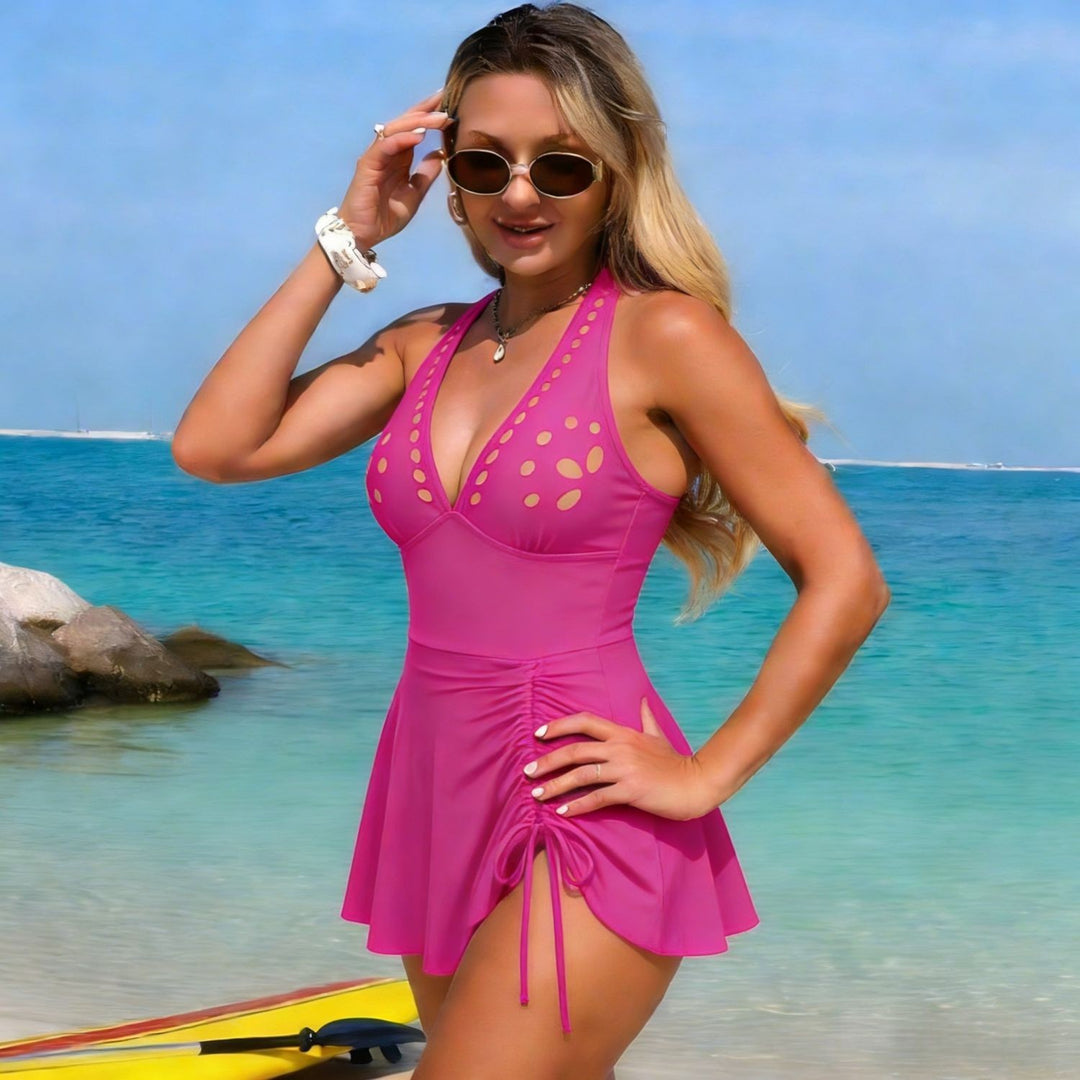 Damen Einteiler Badeanzug mit verstellbarem Wickeldesign und modischem Ausschnitt Drune