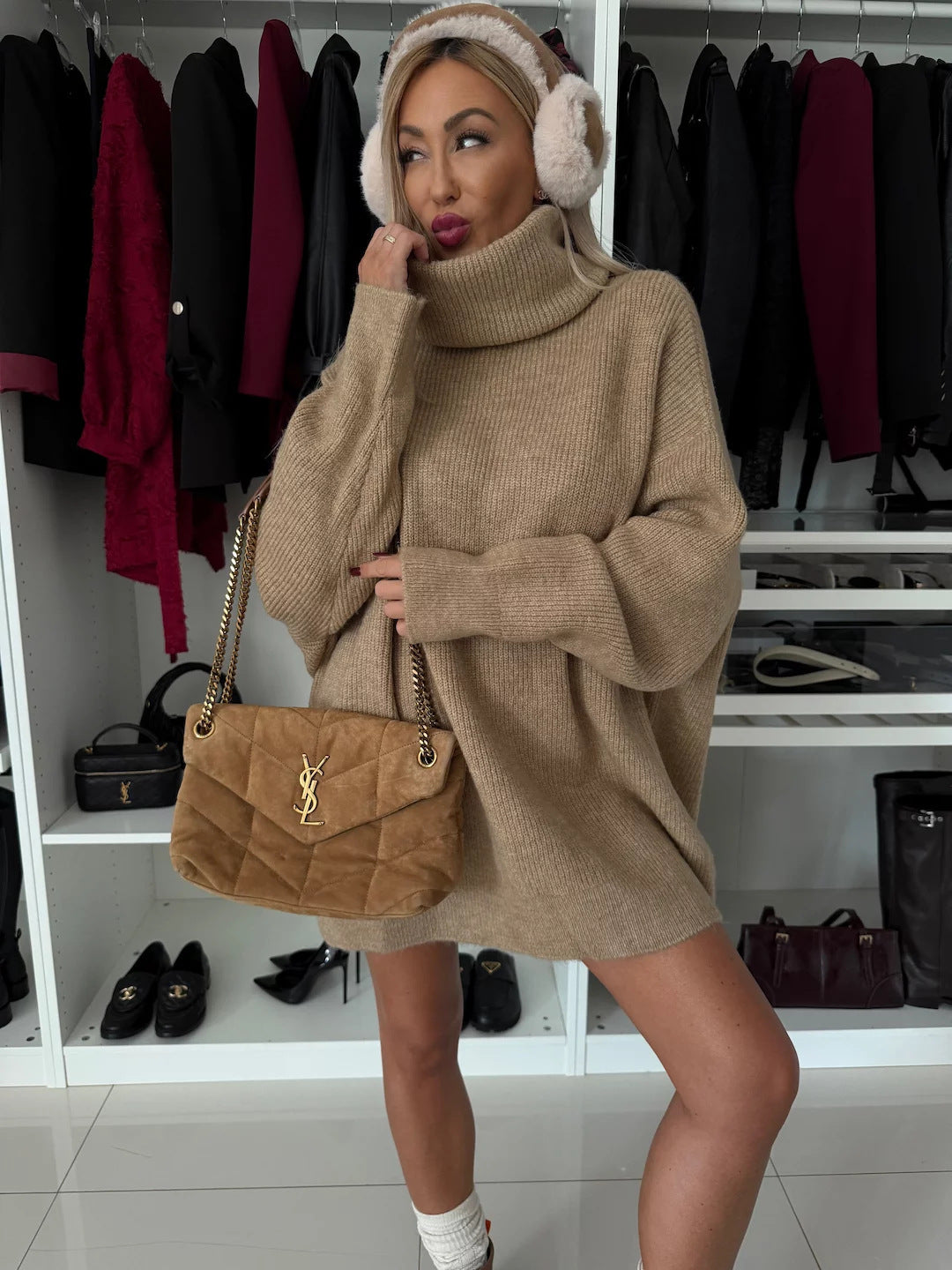 Damen Lässiges Oversized Strick-Minikleid mit hohem Rollkragen und Ballonärmeln Drune