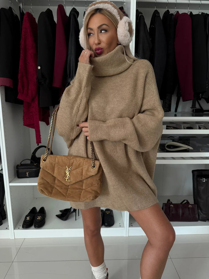 Damen Lässiges Oversized Strick-Minikleid mit hohem Rollkragen und Ballonärmeln Drune