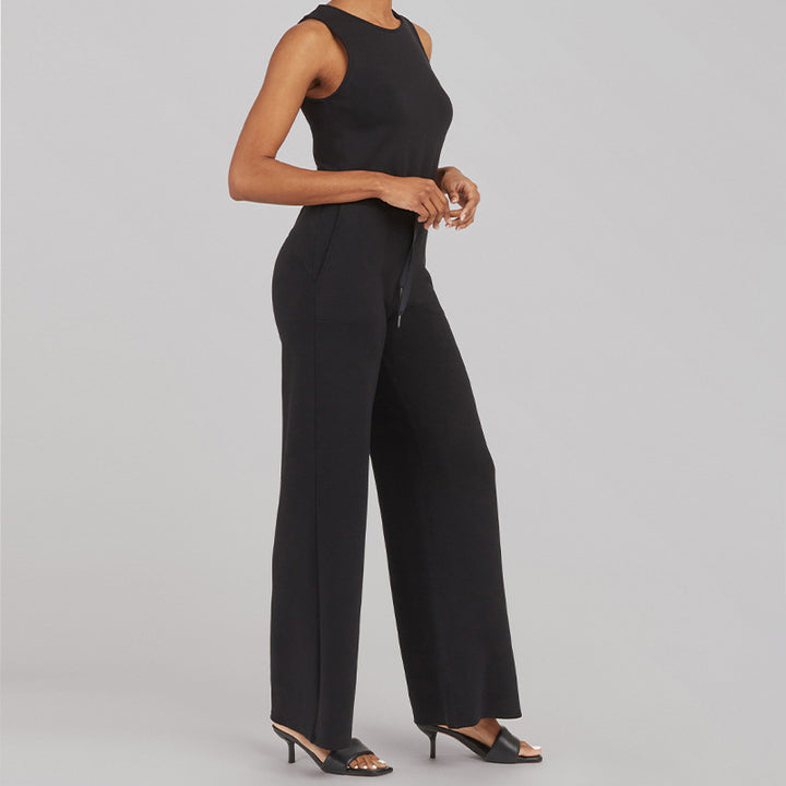 Damen nan ärmelloser Strick-Overall mit weitem Palazzo-Bein, Kordelbund und aufgesetzten Taschen Drune