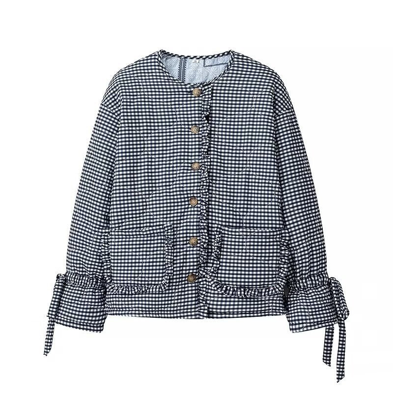 Damen Steppjacke mit gerafften Ärmeln und dekorativen Druckknöpfen Drune