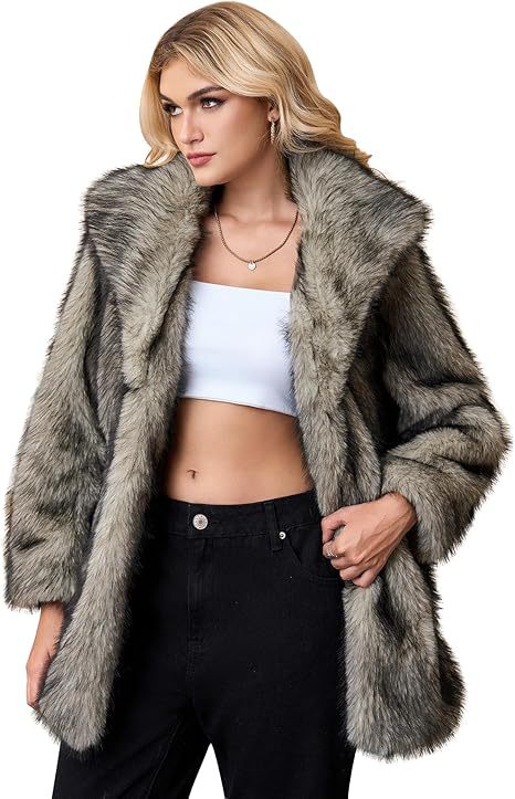 Damen Kurzer Faux‑Fur‑Mantel mit weitem Schalkragen, offener Front und Eingrifftaschen Drune
