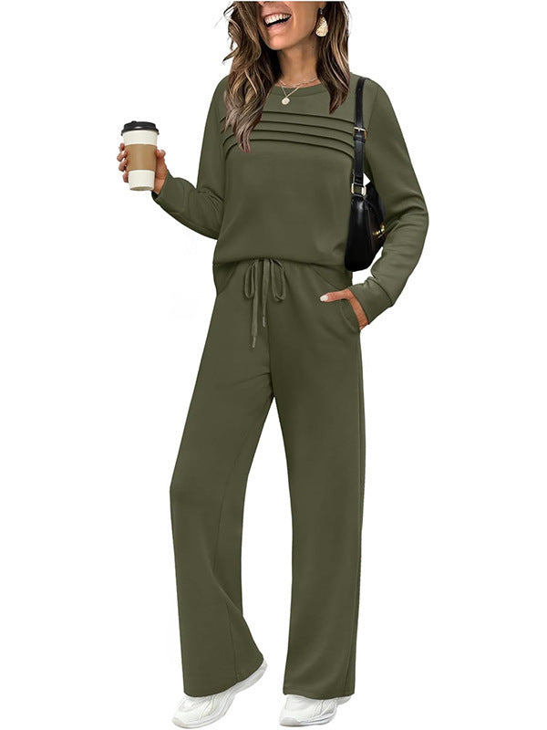 Damen Zweiteiliges Lounge-Set mit Plissee-Detail, Rundhals-Sweatshirt und weitem Kordel-Hose Drune