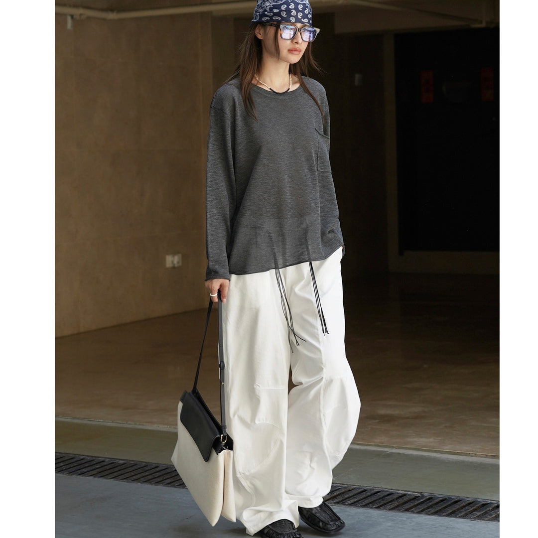 Damen Weites leichtes Feinstrick-Longsleeve mit Brusttasche und Rundhalsausschnitt Drune