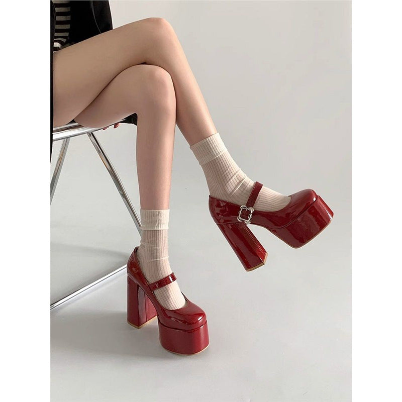 Damen Plateau-Mary-Jane Pumps mit hoher Plattform und sculpted Blockabsatz Drune