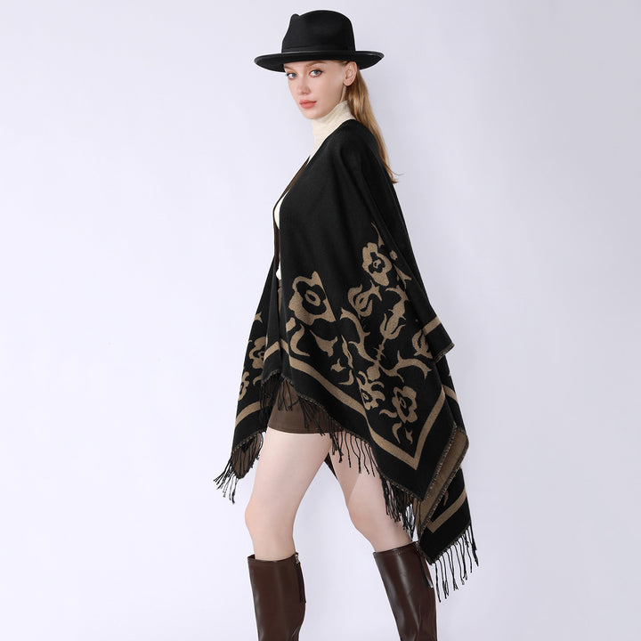 Damen Umhangponcho mit floralen Jacquard-Panels und Fransensaum Drune