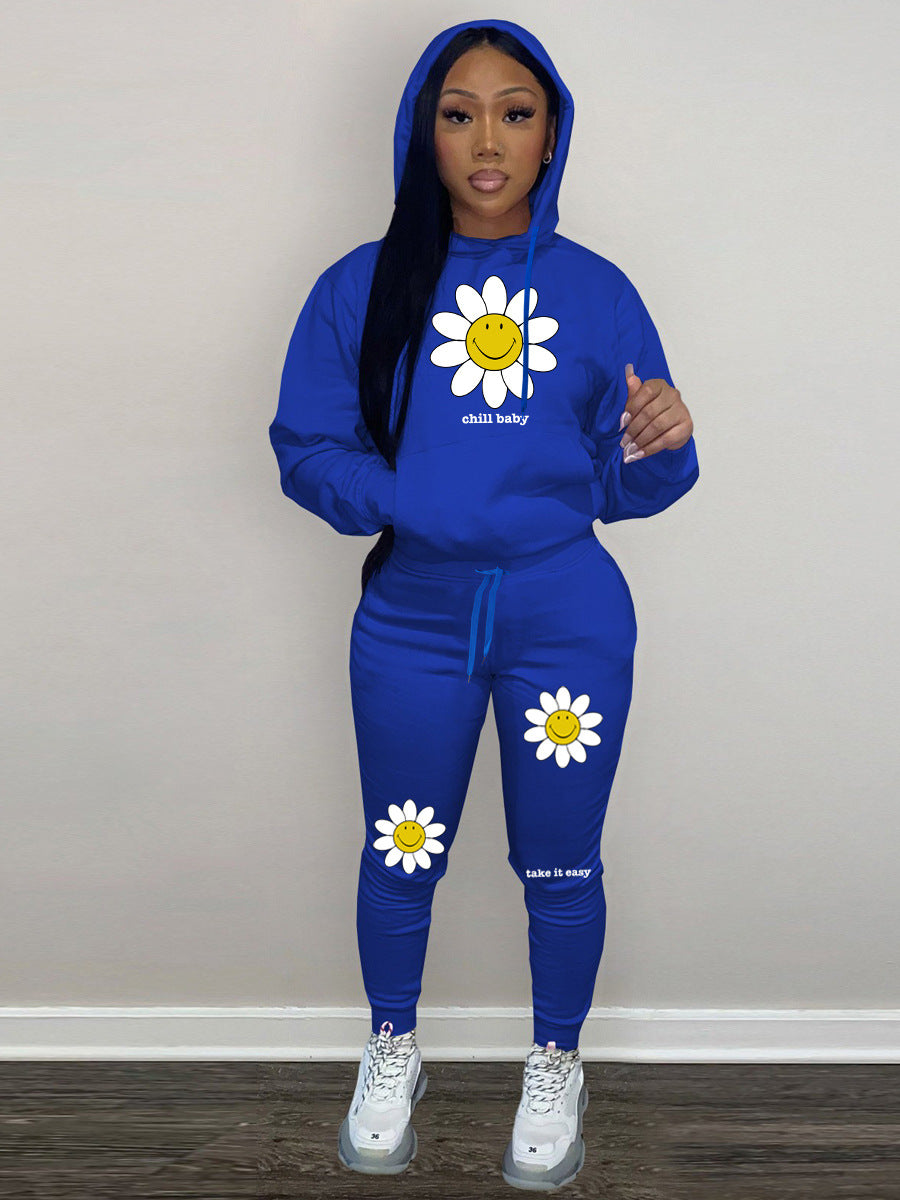 Damen Freizeit Hoodie und Jogginghose Set mit fröhlichem Blumenmotiv Drune