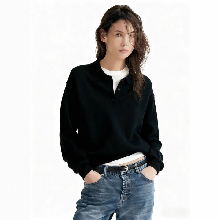 Damen Feinstrick-Polo-Sweater mit Knopfleiste und geripptem Saum Drune
